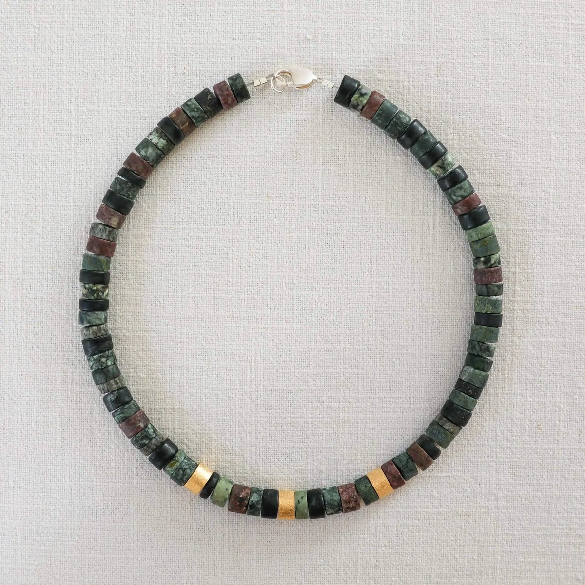 Necklace with Discs in Lake Stone, Serpentine, Julier Granite, Andeer Granite and Pyrite