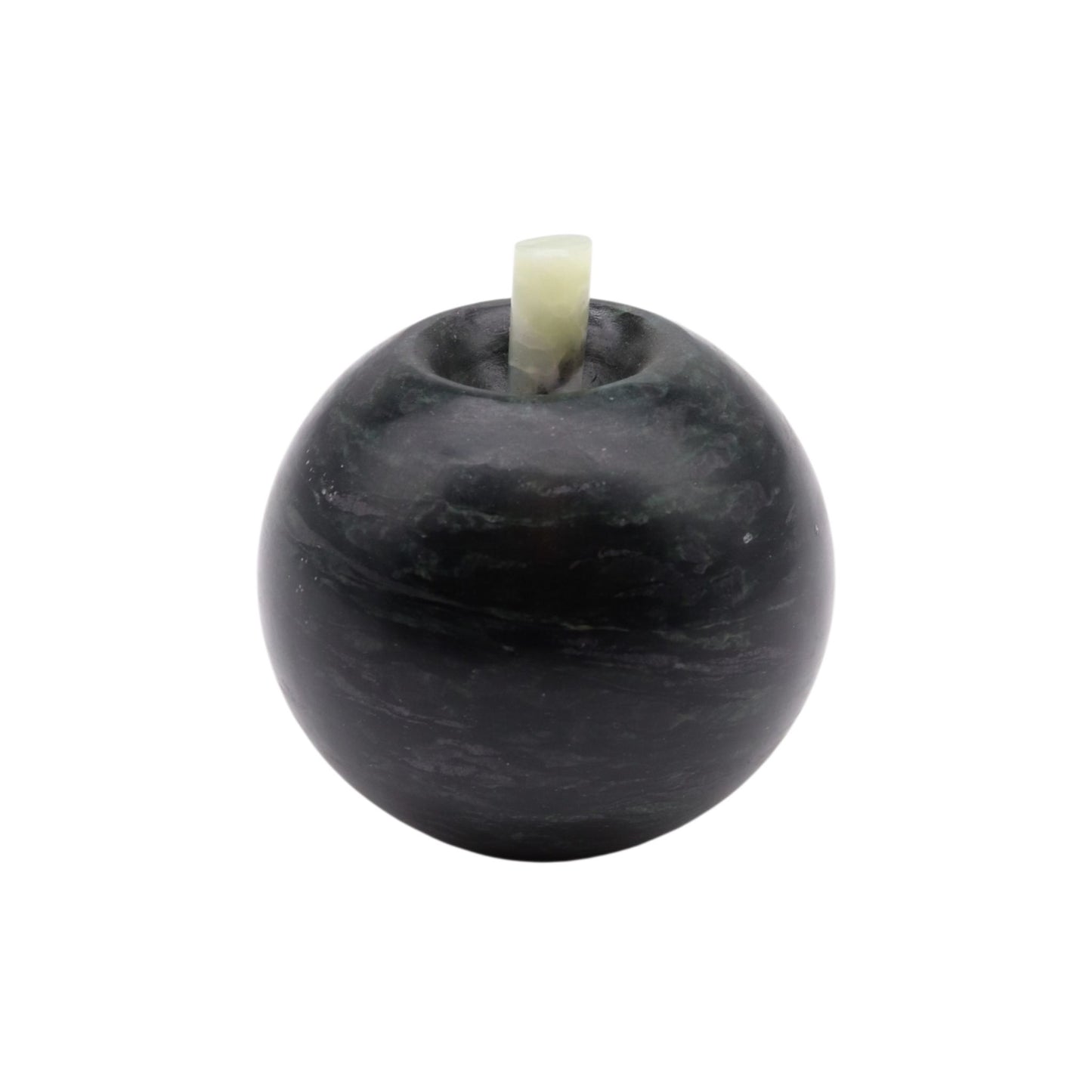 Mela decorativa in serpentino nero con picciolo in giada-nefrite