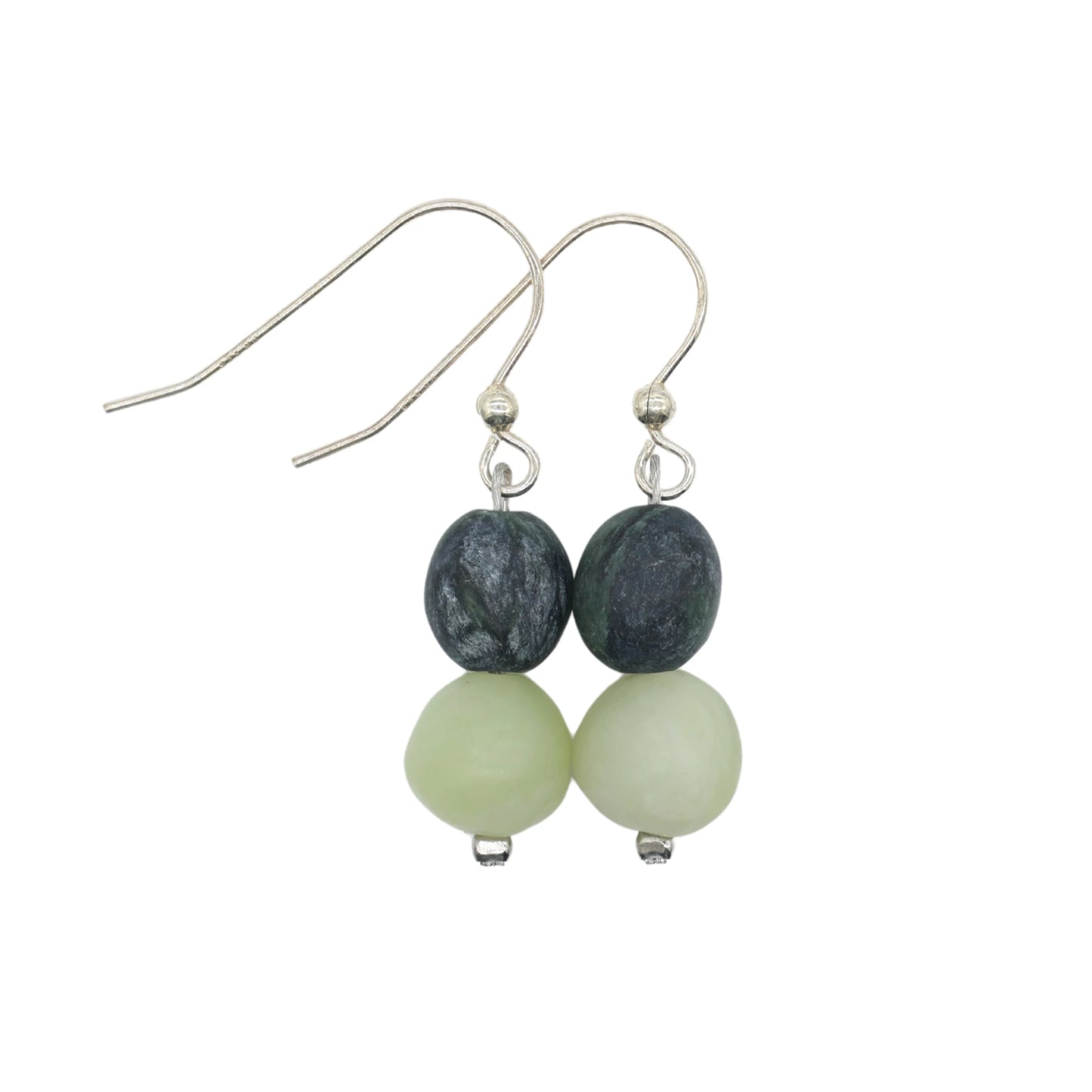 Drop Earrings in Green Serpentine and Light Nephrite Jade