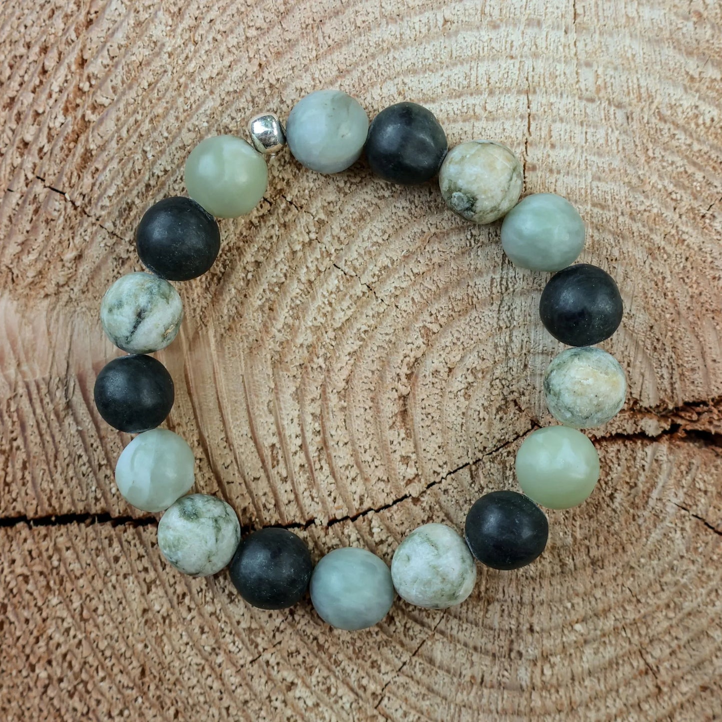 Bracelet Made of Black Serpentine, Nephrite Jade & Beige Lake Stone