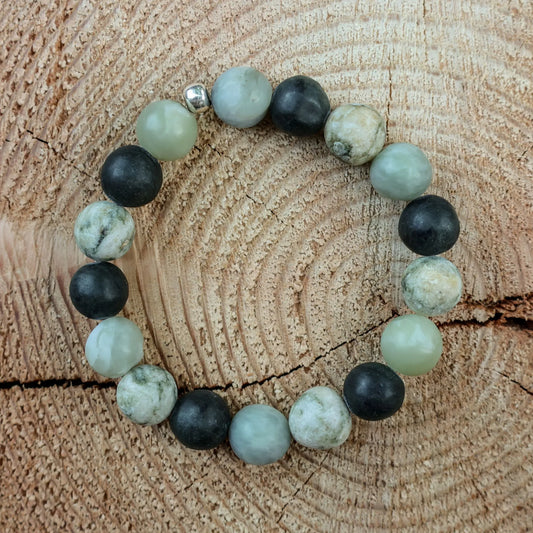 Bracelet Made of Black Serpentine, Nephrite Jade & Beige Lake Stone