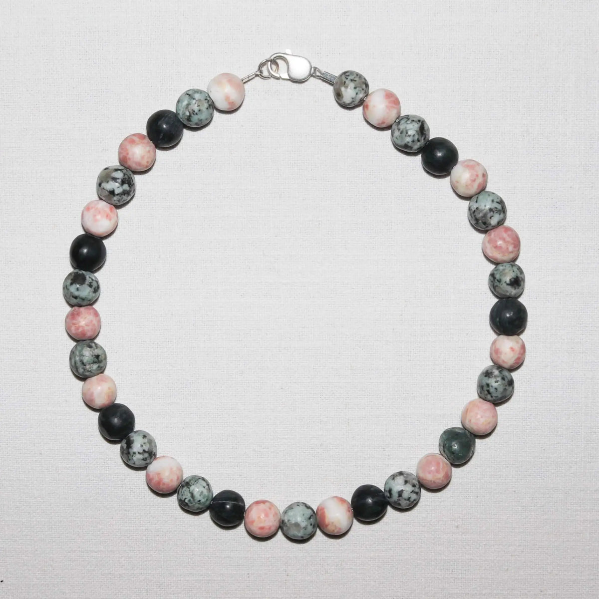 Necklace in Pink Sassalbo Marble, Light Blue Lake Stone & Black Serpentine