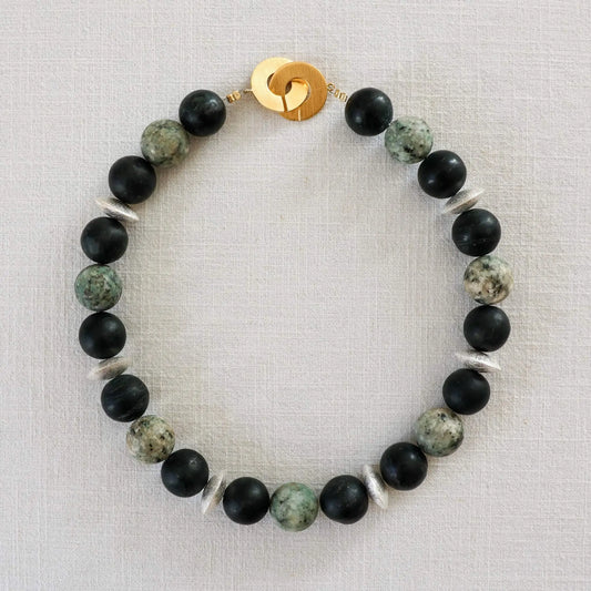 Elegant Necklace with Black Serpentine and Julier Granite Spheres