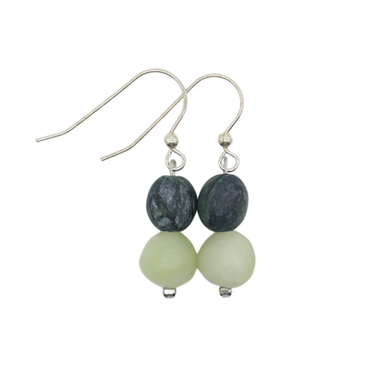 Drop Earrings in Green Serpentine and Light Nephrite Jade